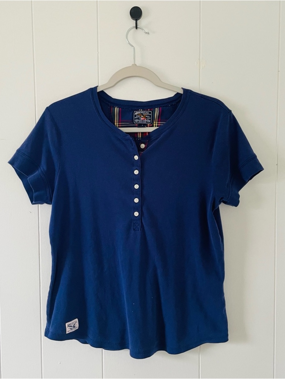 American Living Navy Tee with Red and Green Plaid Trim